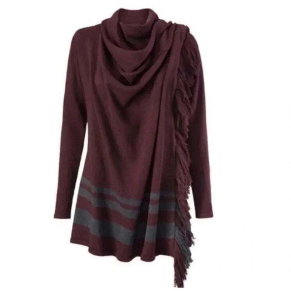 Cabi maroon port gray striped fringe trim wrap cardigan sweater size Small #3002